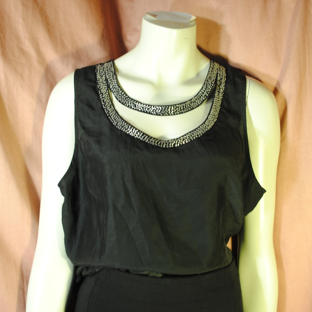 Black Silk Beaded Cutout Choker Top Blouse